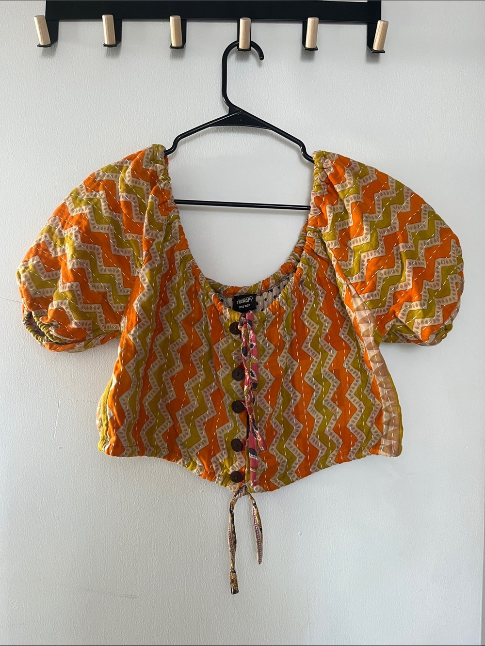 therapy Orange and Yellow Chevron Puff Sleeve Crop Top